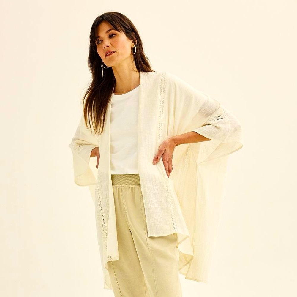 NWT Sonoma Muslin Cotton Linen Like Ruana One Size Sheer Cardigan Kimono NEW